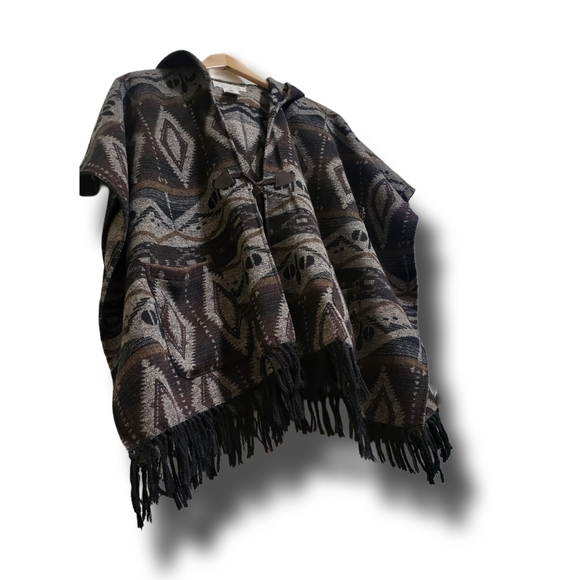 🌿Artisan Crafted Women's Medium Boho Hooded Cape Fringed Cardigan - Picture 7 of 12